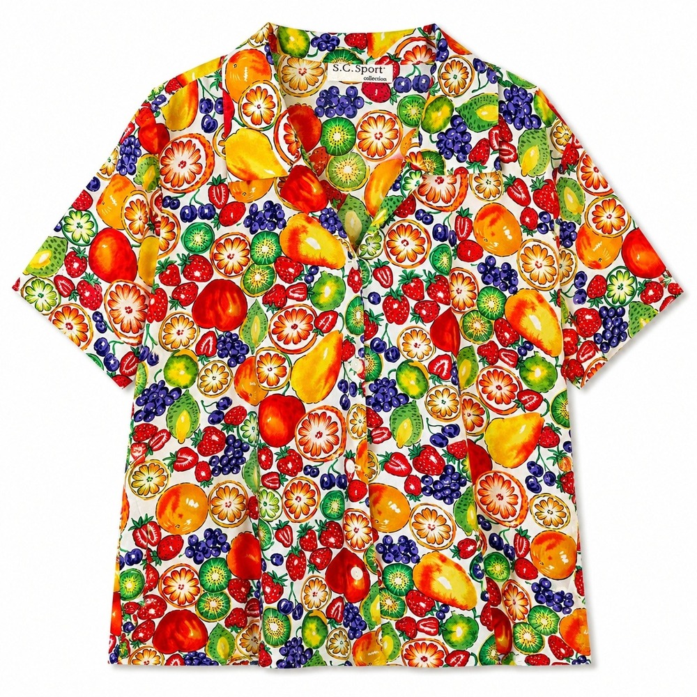 Vtg S.G. Sport Collection Fruit Print Shirt Neon Rainbow Citrus Maximalist XL